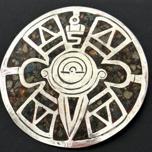 Vintage Taxco Mexico 925 Sterling Silver Multi Gemstone Inlay Large Brooch Pin